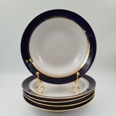 Набор из 5-ти суповых тарелок, украшенных ленточным орнаментом, фарфор, крытье, золочение, Дулевский фарфоровый завод (Дулёво), СССР, 1990 г.