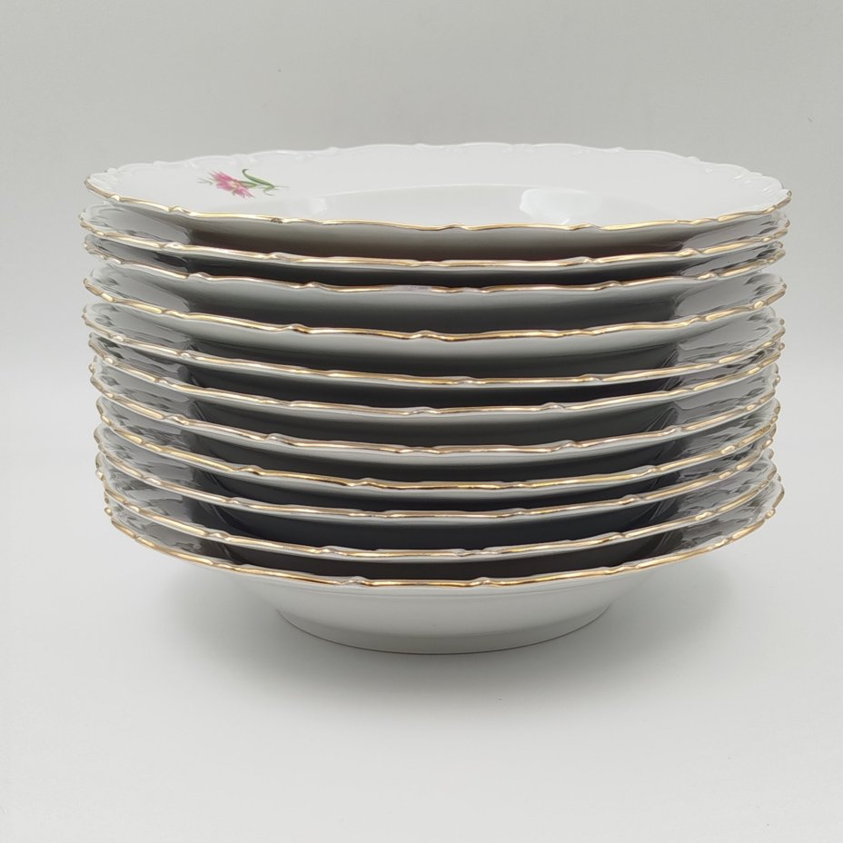 Набор из 11-ти суповых тарелок с декором в виде полевых цветов, фарфор, деколь, золочение, Kahla, ГДР, 1960-1990 гг.