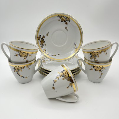 Набор чайно-кофейных пар с цветочным декором на 5 персон, фарфор, деколь, золочение, Graf Von Henneberg Porzellan, 1777 Jlmenau, ГДР, 1949-1970 гг.