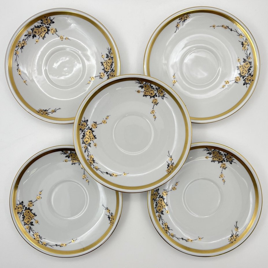 Набор чайно-кофейных пар с цветочным декором на 5 персон, фарфор, деколь, золочение, Graf Von Henneberg Porzellan, 1777 Jlmenau, ГДР, 1949-1970 гг.
