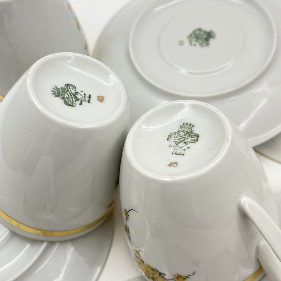 Набор чайно-кофейных пар с цветочным декором на 5 персон, фарфор, деколь, золочение, Graf Von Henneberg Porzellan, 1777 Jlmenau, ГДР, 1949-1970 гг.