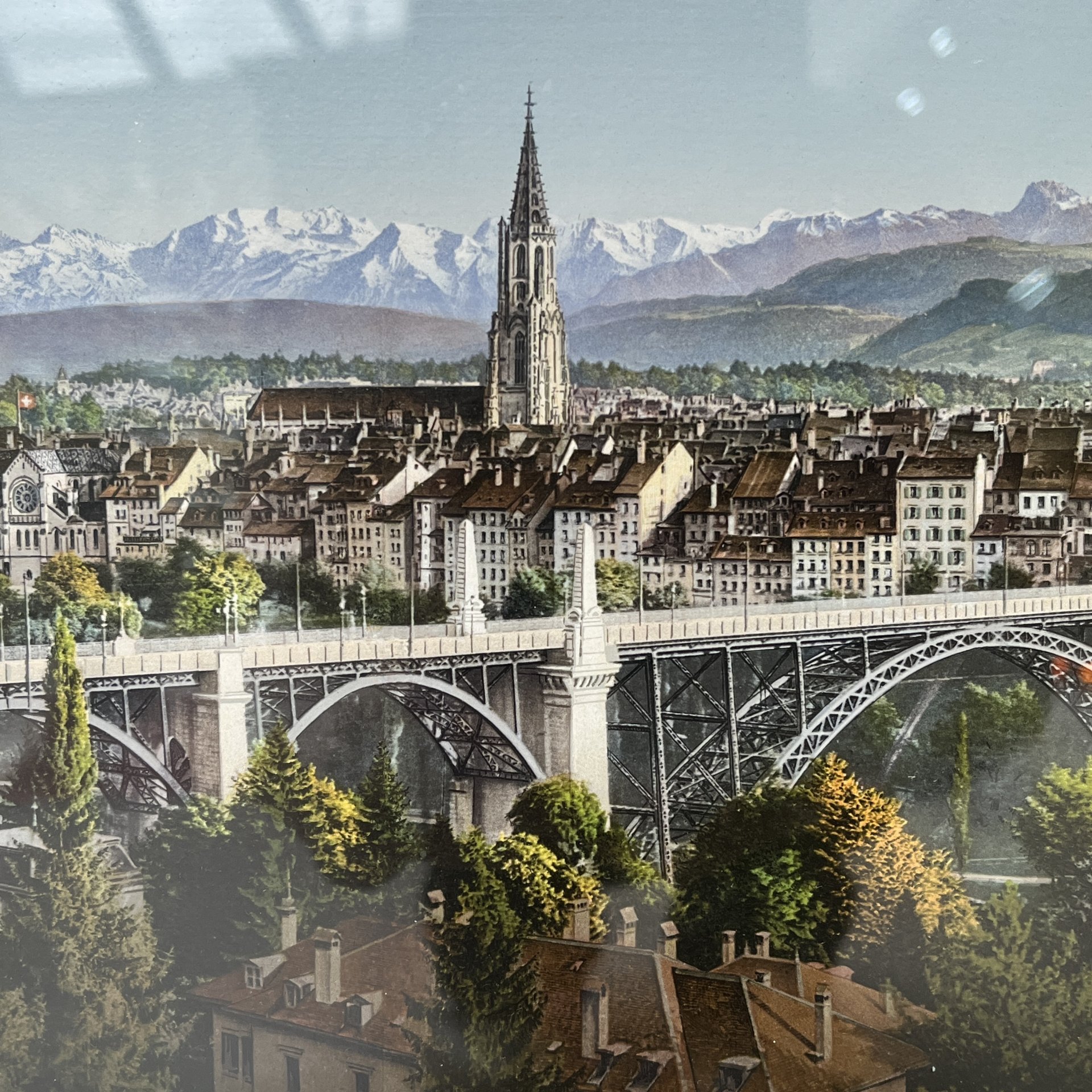 Картина "Пейзаж. Вид на город Берн", бумага, печать, стекло, Европа, 1930-1960 гг.