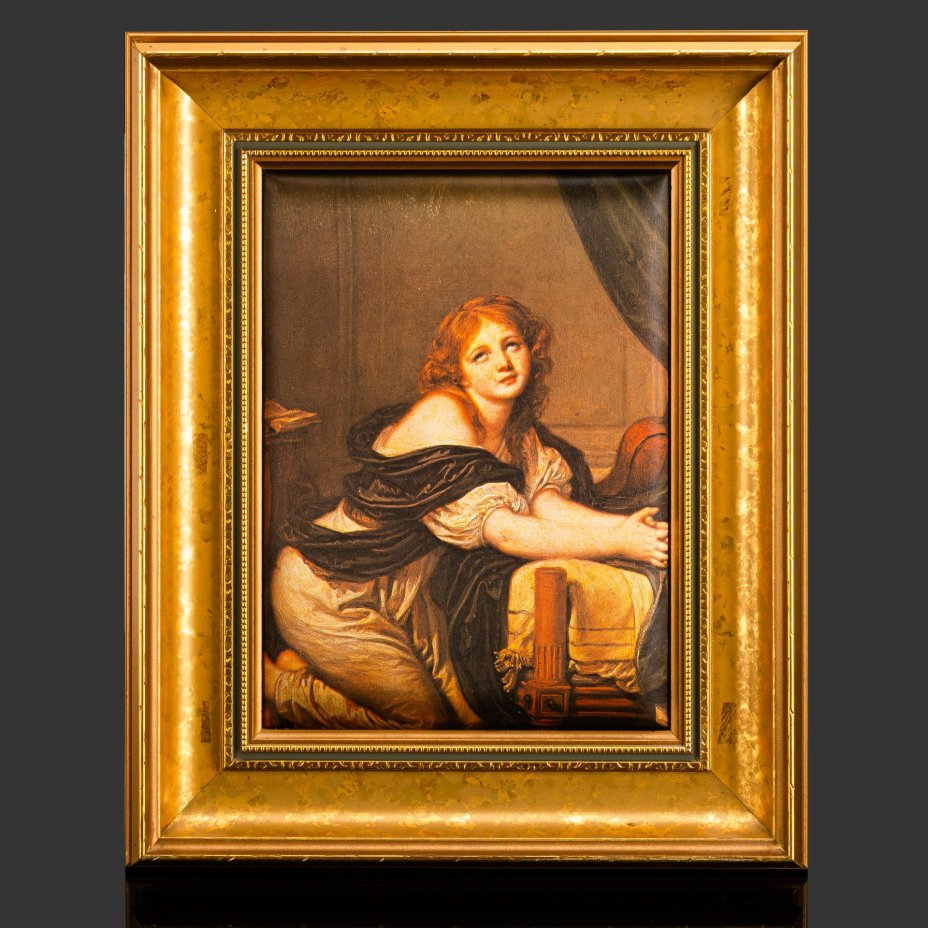 Шелкография с изображением картины Жана-Батиста Грёза "Утренняя молитва", в раме, дерево, шелк, печать, Россия, 1970-2000 гг.