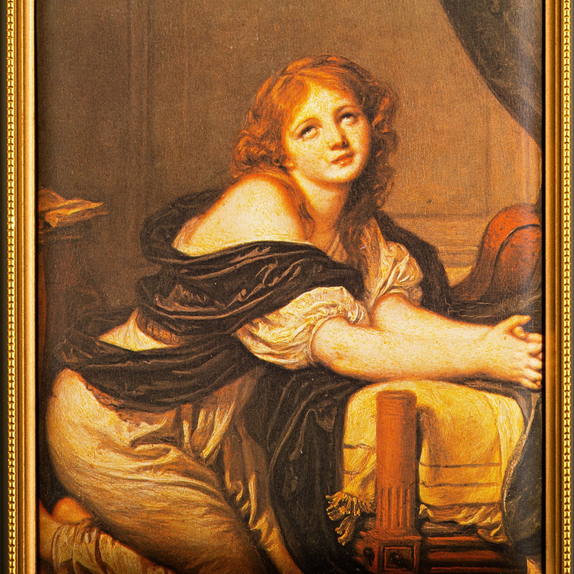 Шелкография с изображением картины Жана-Батиста Грёза "Утренняя молитва", в раме, дерево, шелк, печать, Россия, 1970-2000 гг.