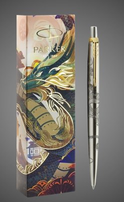 Шариковая ручка Parker Jotter Dragon Special Edition, цвет: St. Steel GT, стержень: Mblue в подарочной коробке, Металлы: нержавеющая сталь, позолота