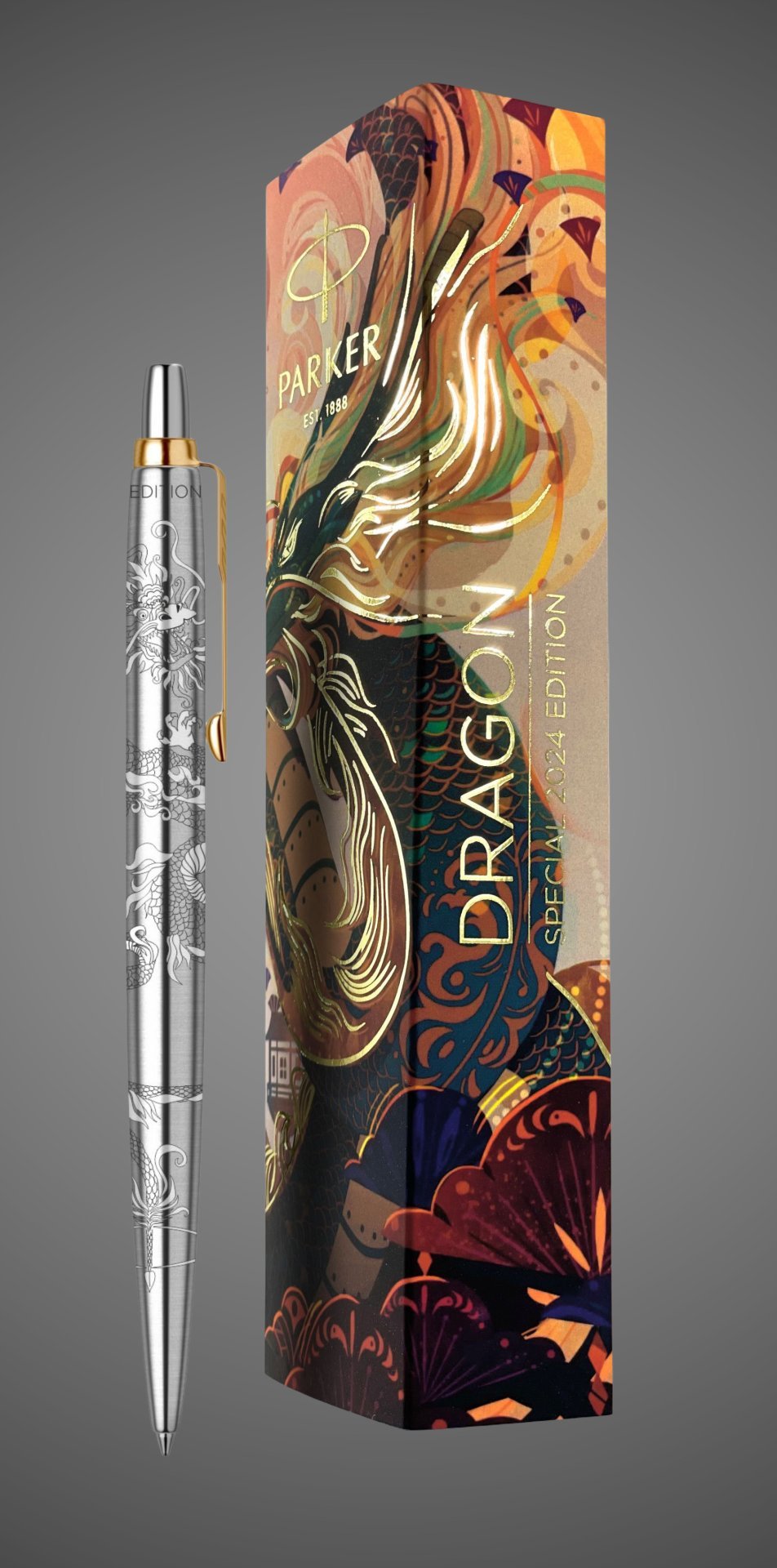 Шариковая ручка Parker Jotter Dragon Special Edition, цвет: St. Steel GT, стержень: Mblue в подарочной коробке, Металлы: нержавеющая сталь, позолота