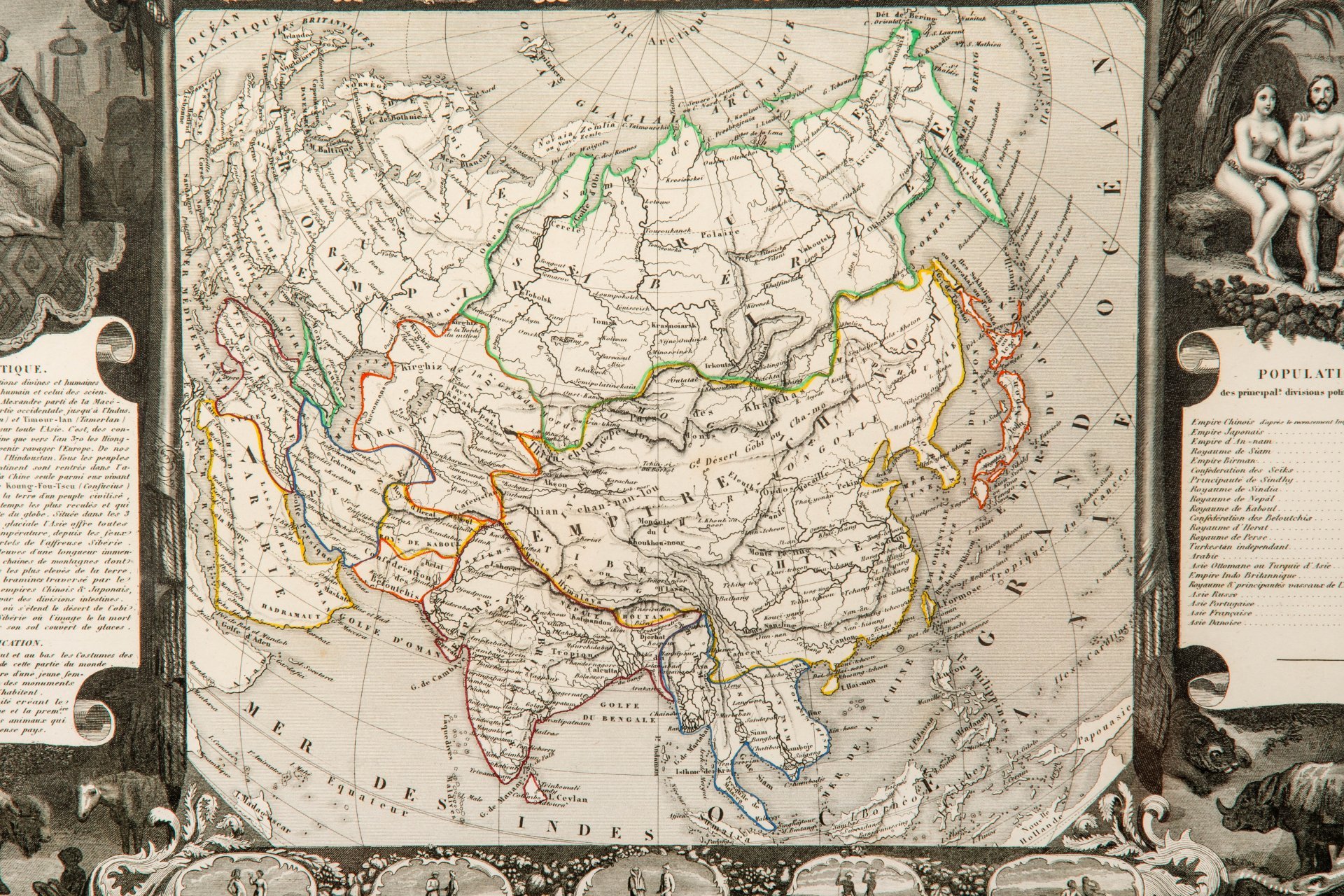 Гравюра "Карта Азии (Asie)" в раме, автор Виктор Левассер (Victor Levasseur), бумага, печать, дерево стекло, Франция, 1840-1860 гг.