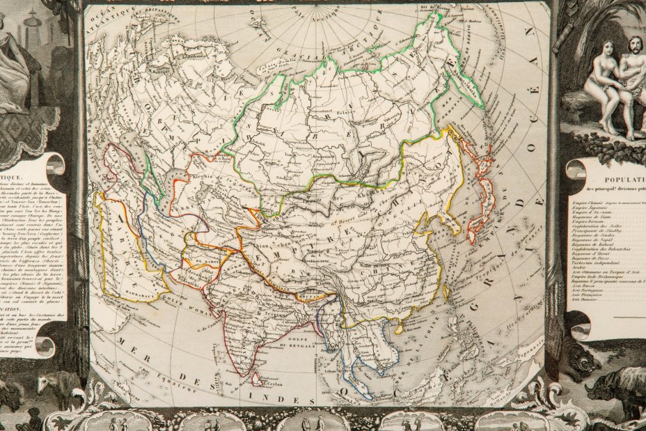 Гравюра "Карта Азии (Asie)" в раме, автор Виктор Левассер (Victor Levasseur), бумага, печать, дерево стекло, Франция, 1840-1860 гг.