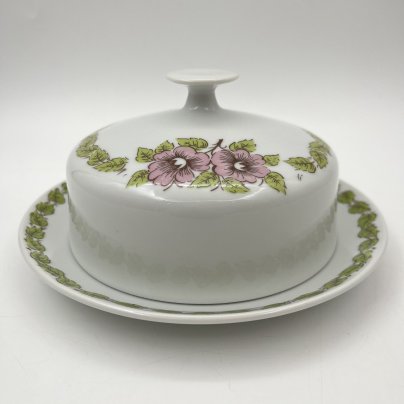 Маслёнка с цветочным декором в розово-зеленой гамме, фарфор, печать, Epiag Royal Czechoslovakia, Чехословакия, 1970-1990 гг.