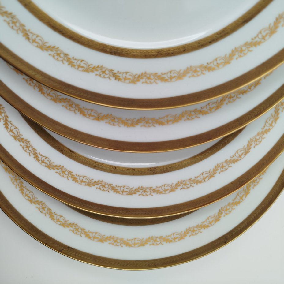 Набор тарелок для горячих блюд с растительным декором на 5 персон, серия "Charleroi-Bruxelles", фарфор, золочение, Tirschenreuth, Германия, 1969-1990 гг.