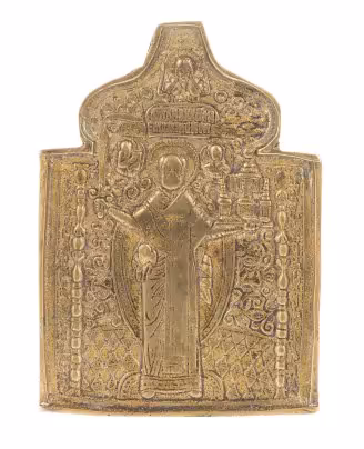 Икона "Святитель Никола Можайский" (Николай Чудотворец), бронза, литье, золочение, Российская Империя, 1850-1890 гг.