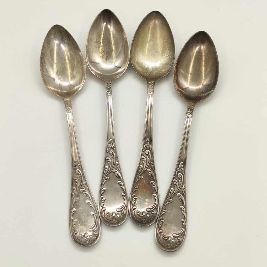Набор из 4-х столовых ложек с растительным декором, мНЦ (медь-никель-цинк), Кольчугинский завод цветных металлов, СССР, 1960-1990 гг.