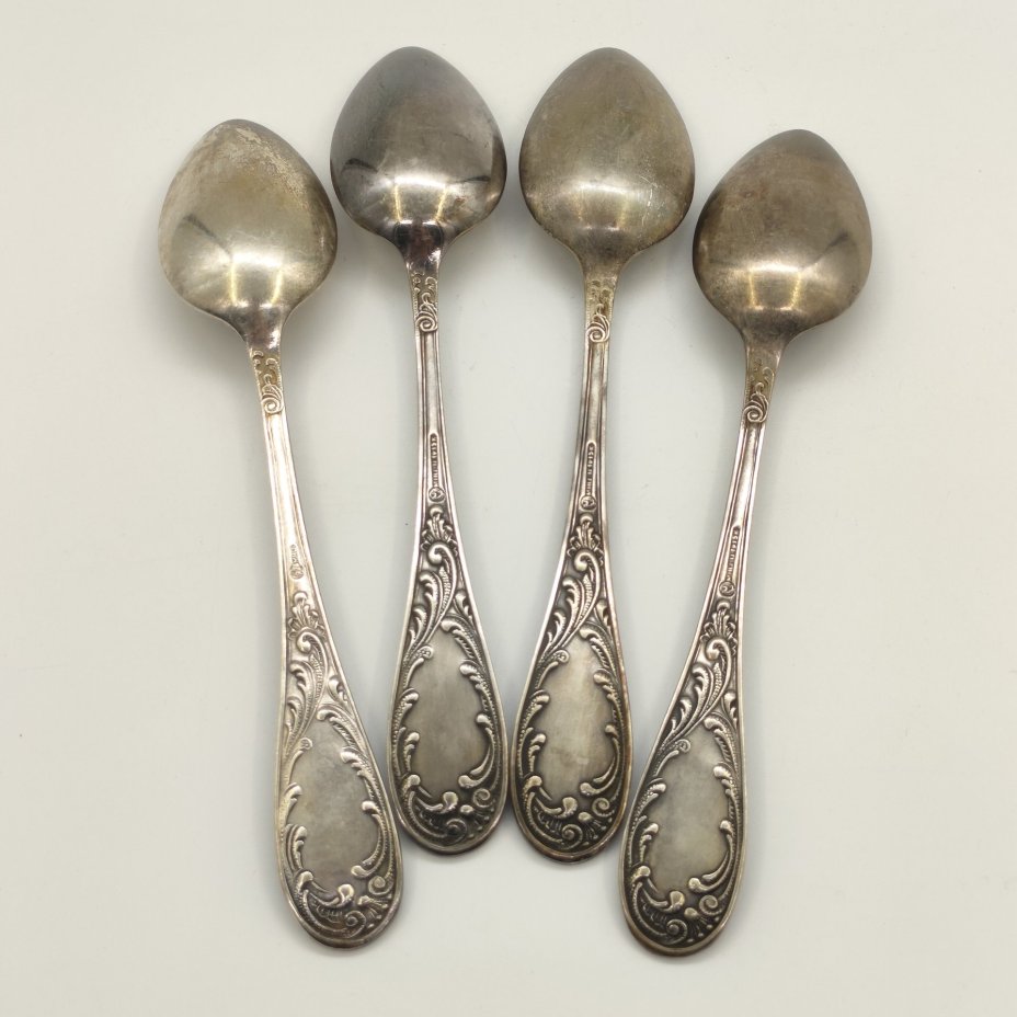 Набор из 4-х столовых ложек с растительным декором, мНЦ (медь-никель-цинк), Кольчугинский завод цветных металлов, СССР, 1960-1990 гг.