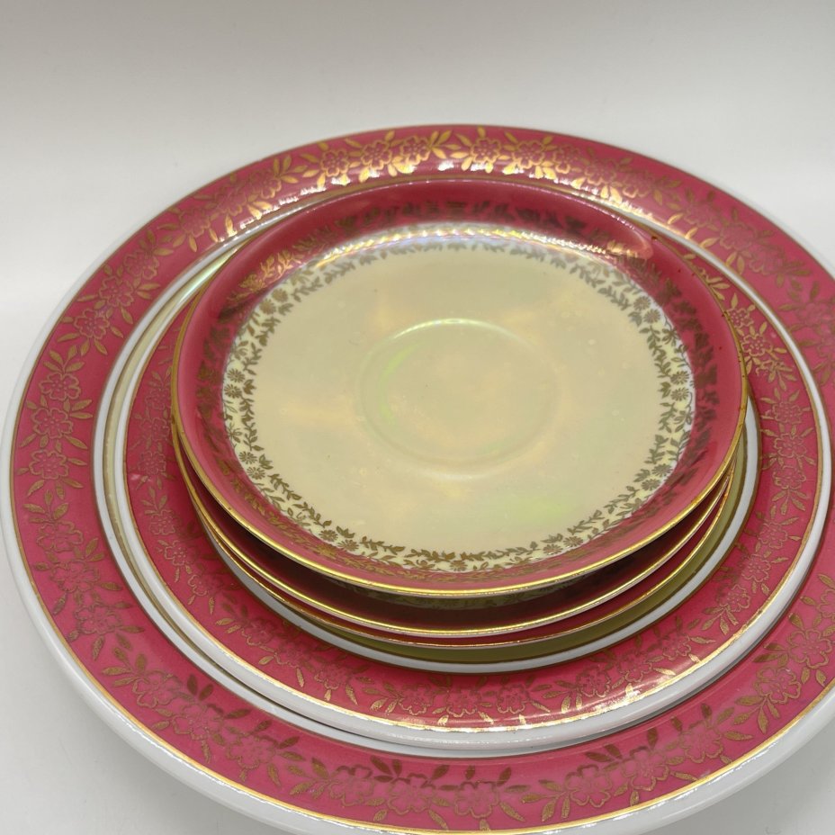 Набор для подачи из 5 блюдец и 2 тарелок, фарфор, деколь, золочение, люстр, Fortuna Eisenberg, ГДР, 1960-1976 гг.