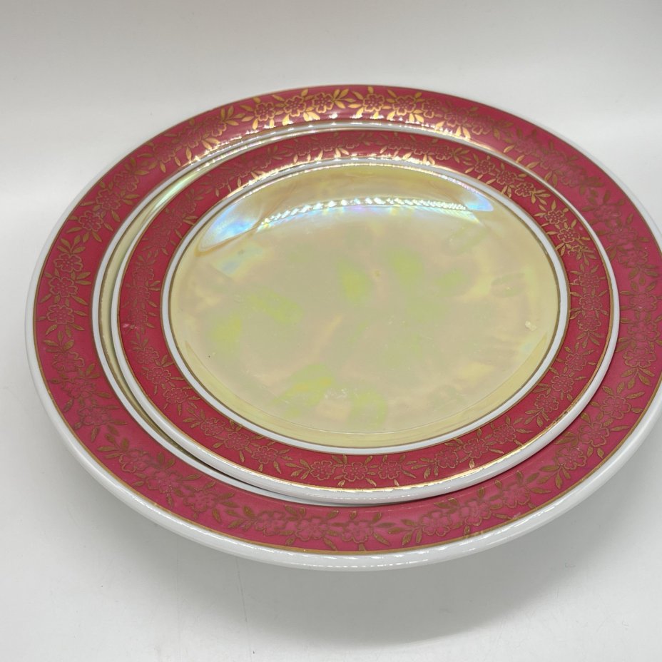 Набор для подачи из 5 блюдец и 2 тарелок, фарфор, деколь, золочение, люстр, Fortuna Eisenberg, ГДР, 1960-1976 гг.