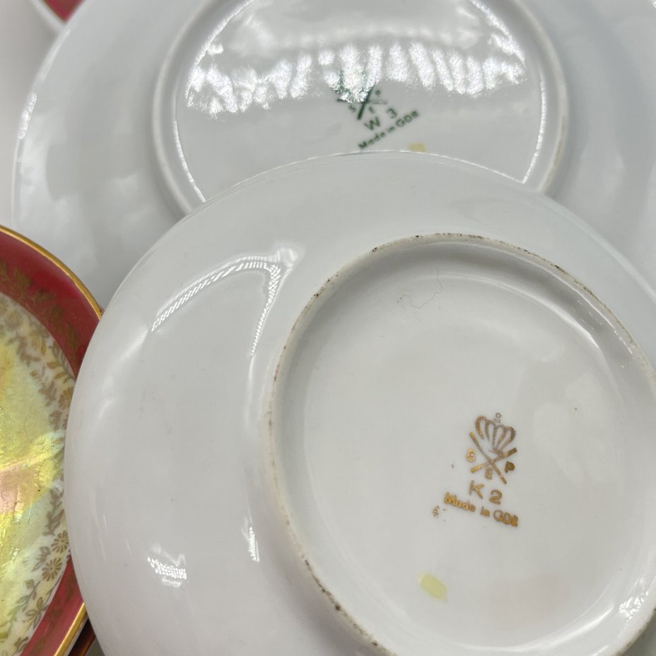 Набор для подачи из 5 блюдец и 2 тарелок, фарфор, деколь, золочение, люстр, Fortuna Eisenberg, ГДР, 1960-1976 гг.