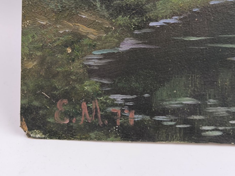 Картина "Закат на берегу" (название условное), подпись "С.М.", картон, масло, СССР, 1977 г.