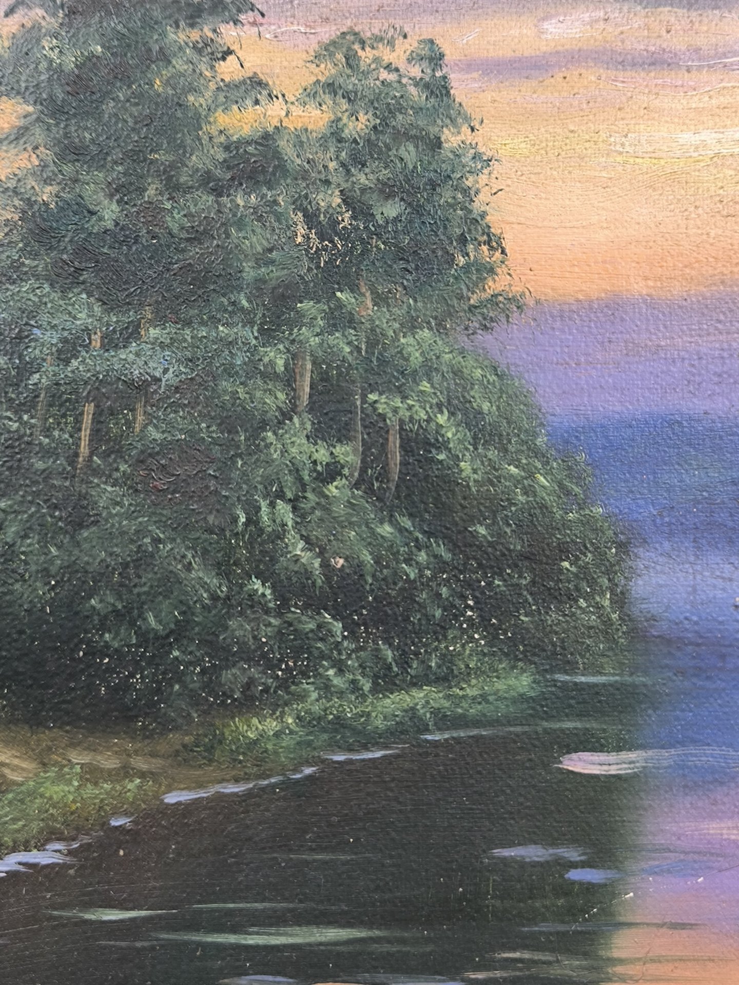 Картина "Закат на берегу" (название условное), подпись "С.М.", картон, масло, СССР, 1977 г.
