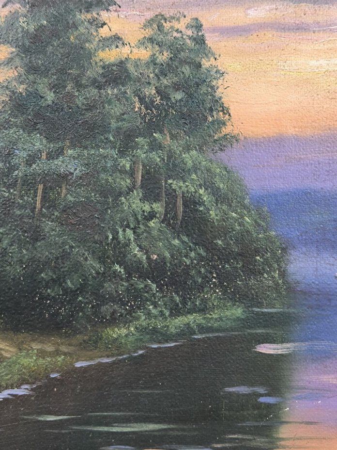 Картина "Закат на берегу" (название условное), подпись "С.М.", картон, масло, СССР, 1977 г.