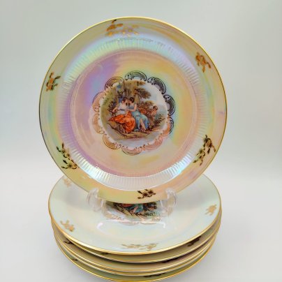 Набор десертных тарелок "Мадонна" на 6 персон, фарфор, люстр, деколь, золочение, Weisswasser Porzellan, ГДР, 1970-1990 гг.
