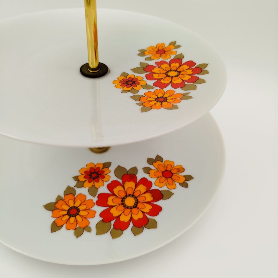 Фруктовница трехуровневая с цветочным декором, фарфор, деколь, металл, Mitterteich Bavaria, Бавария, 1960-1980 гг.