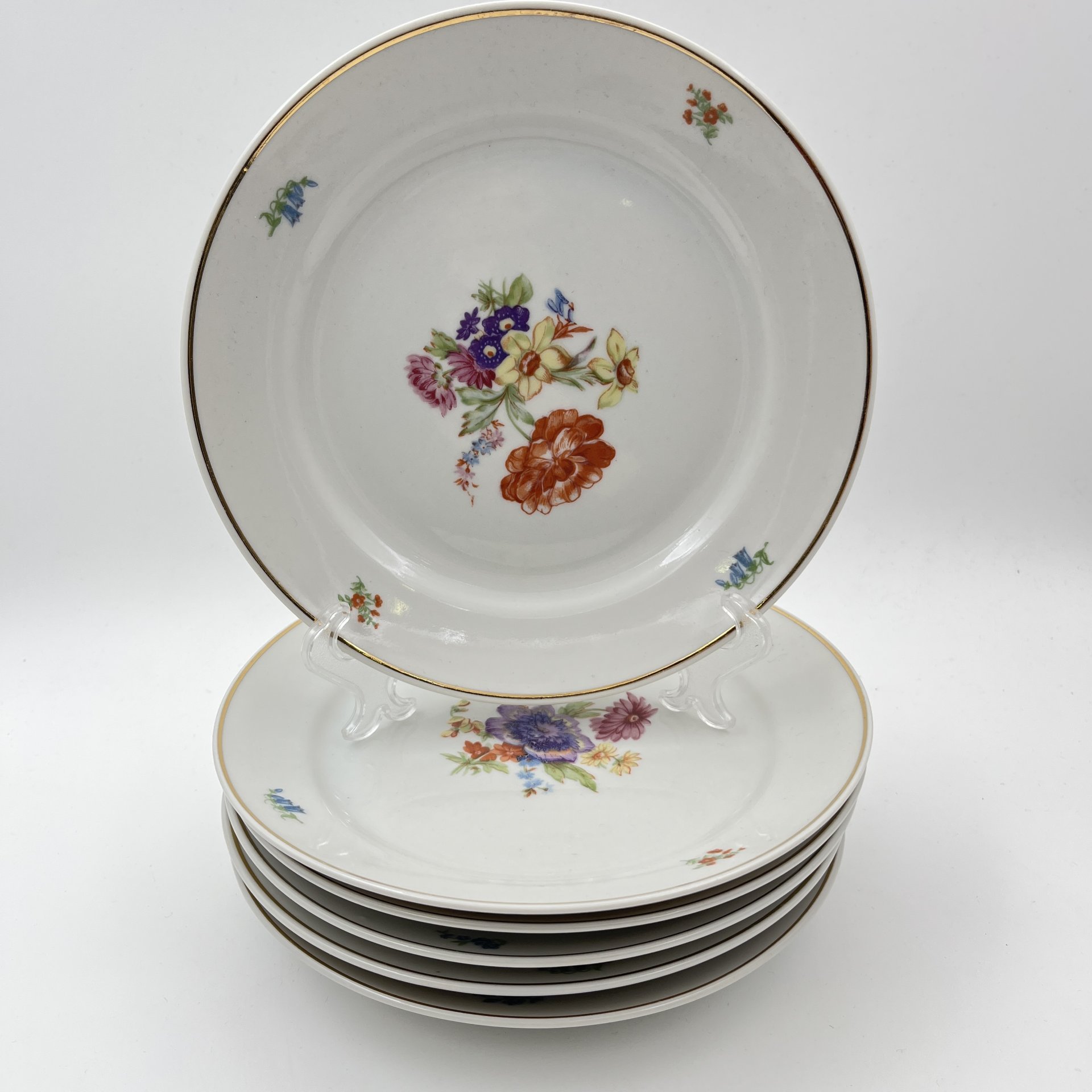 Набор десертных тарелок "Мейсенский букет" на 6 персон, фарфор, деколь, золочение, Дулевский фарфоровый завод (Дулёво), СССР, 1968 г.