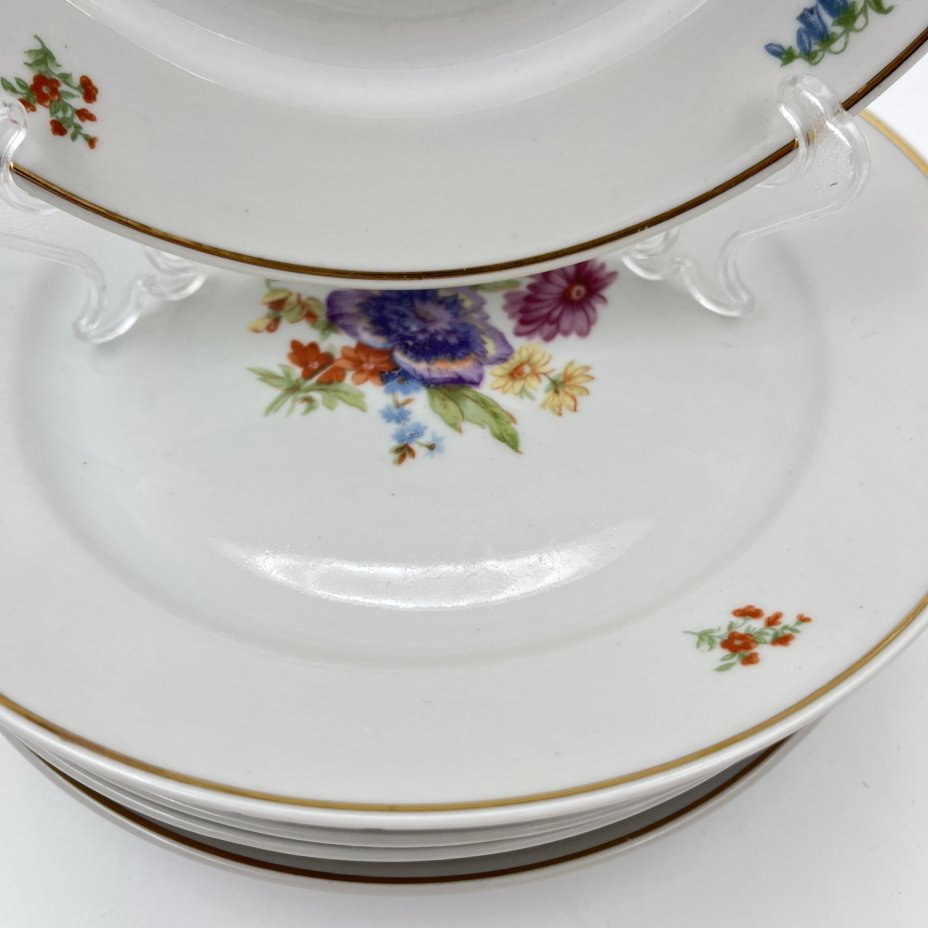 Набор десертных тарелок "Мейсенский букет" на 6 персон, фарфор, деколь, золочение, Дулевский фарфоровый завод (Дулёво), СССР, 1968 г.