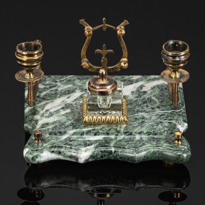 Прибор письменный настольный (2 подсвечника, чернильница и подставка), мрамор, латунь, стекло, СССР, 1970-1990 гг.
