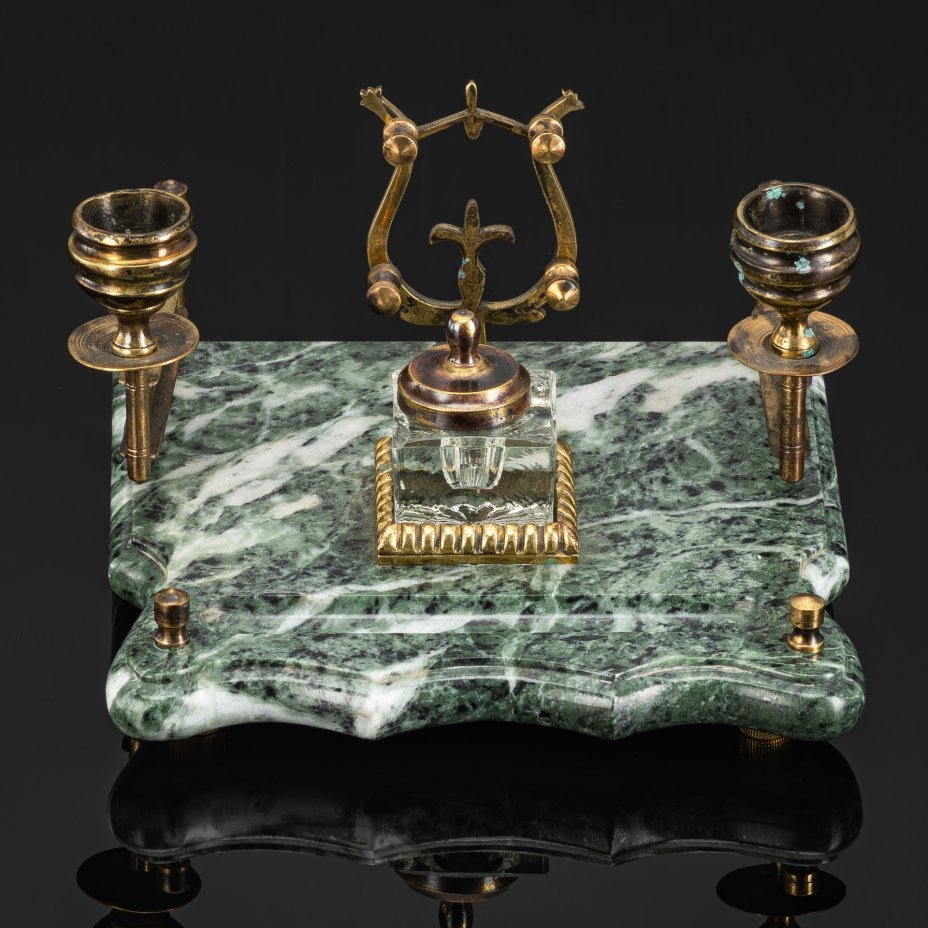 Прибор письменный настольный (2 подсвечника, чернильница и подставка), мрамор, латунь, стекло, СССР, 1970-1990 гг.
