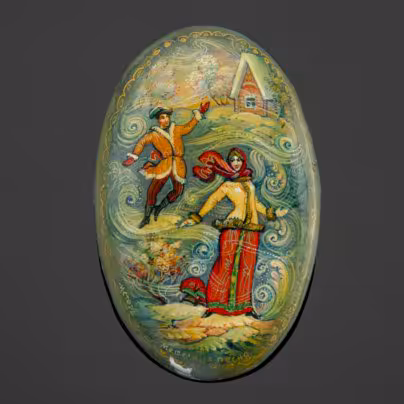Брошь (лаковая миниатюра) "Метелица песня", художник В. Черных, Промартель «Ивметсоюз»