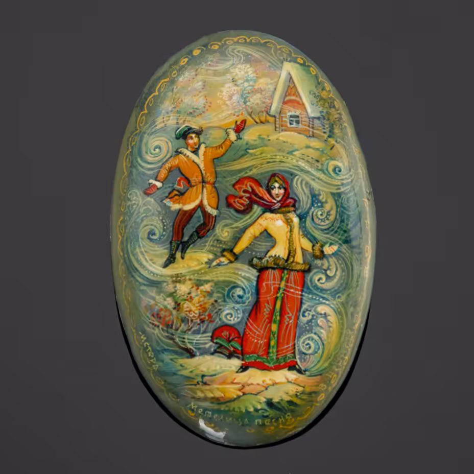 Брошь (лаковая миниатюра) "Метелица песня", художник В. Черных, Промартель «Ивметсоюз»