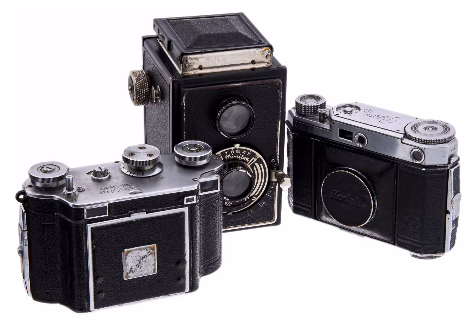 Подборка из 3 пленочных фотоаппаратов "Kodak Retina II", "Dollina Certo Dresden", "Minifex", сплав металла, кожа, Германия, 1930-1950 гг.