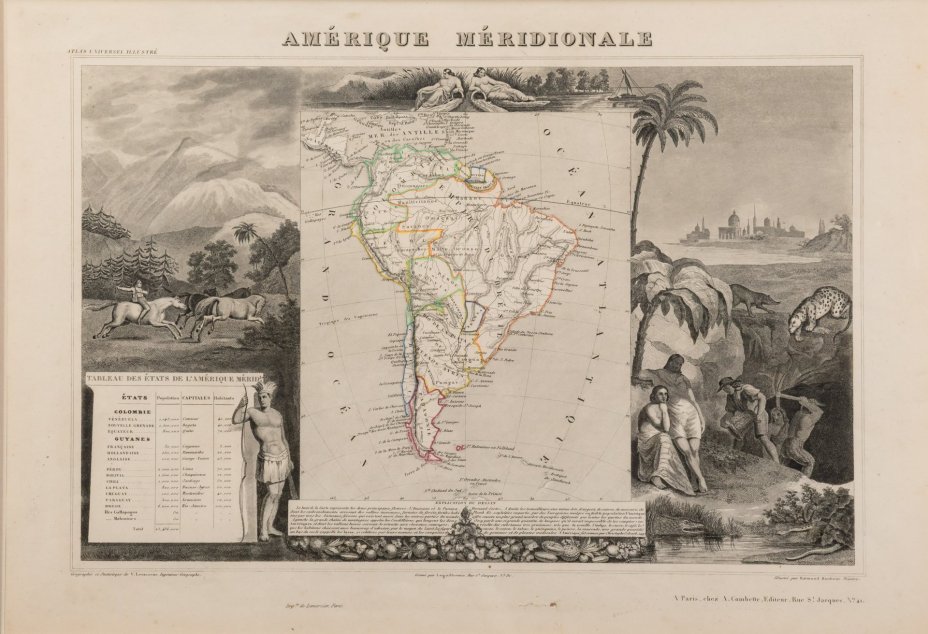Гравюра "Карта Южной Америки (Amérique Méridionale)" в раме, автор Виктор Левассер (Victor Levasseur), иллюстрации художника Раймона Бонера