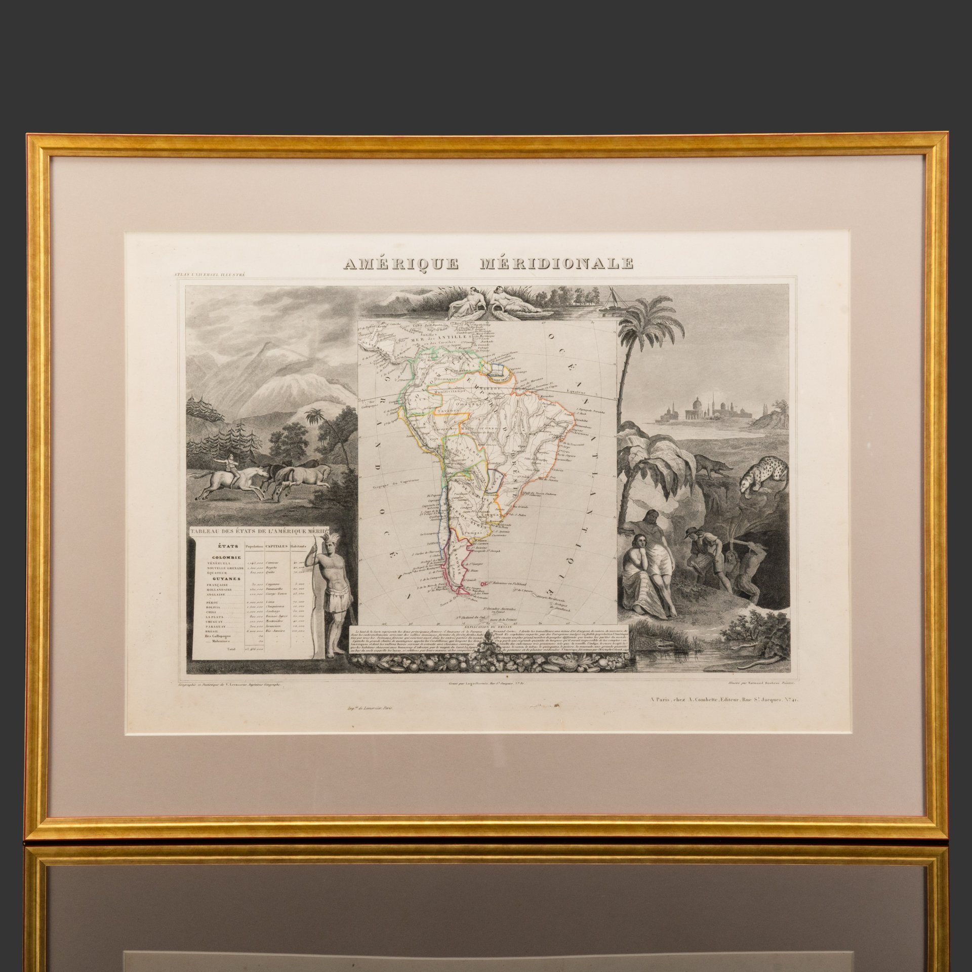 Гравюра "Карта Южной Америки (Amérique Méridionale)" в раме, автор Виктор Левассер (Victor Levasseur), иллюстрации художника Раймона Бонера