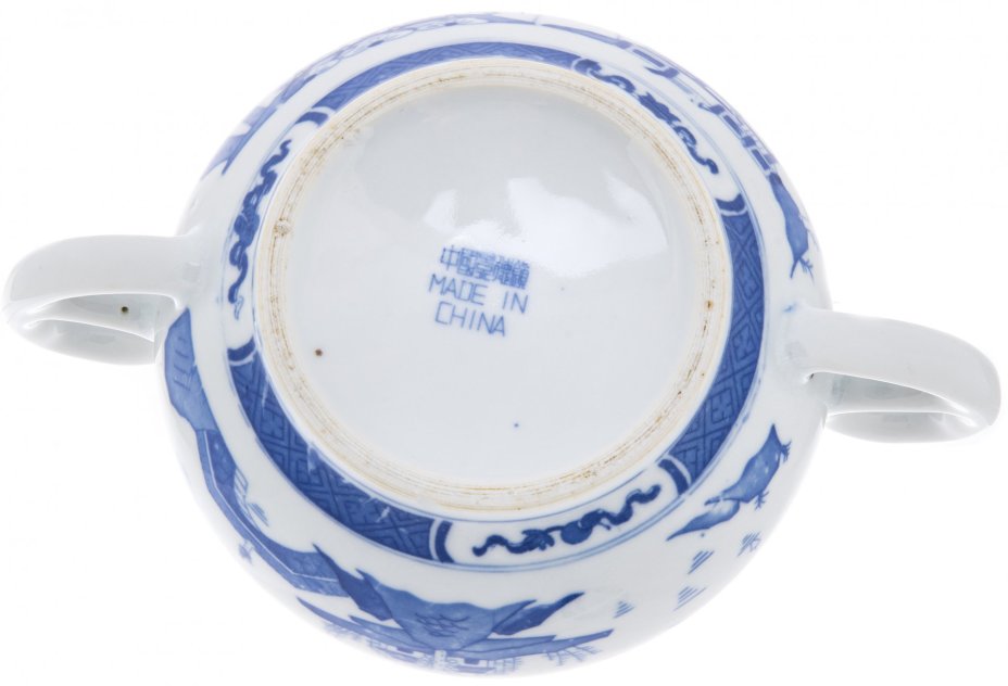 Сахарница с синим пейзажным декором, фарфор, деколь, Китай, 1970-1990 гг.