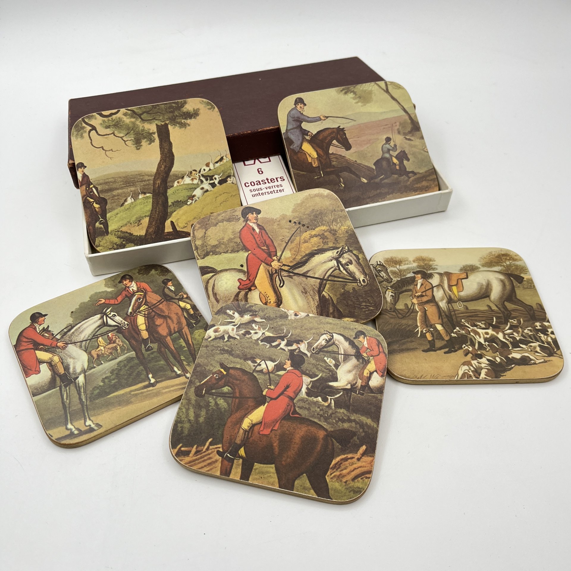 Набор подставок под стаканы/бокалы, украшенных изображениями сцен охоты, "Clover Leaf" (6 шт.), пробковое дерево (пресс), печать