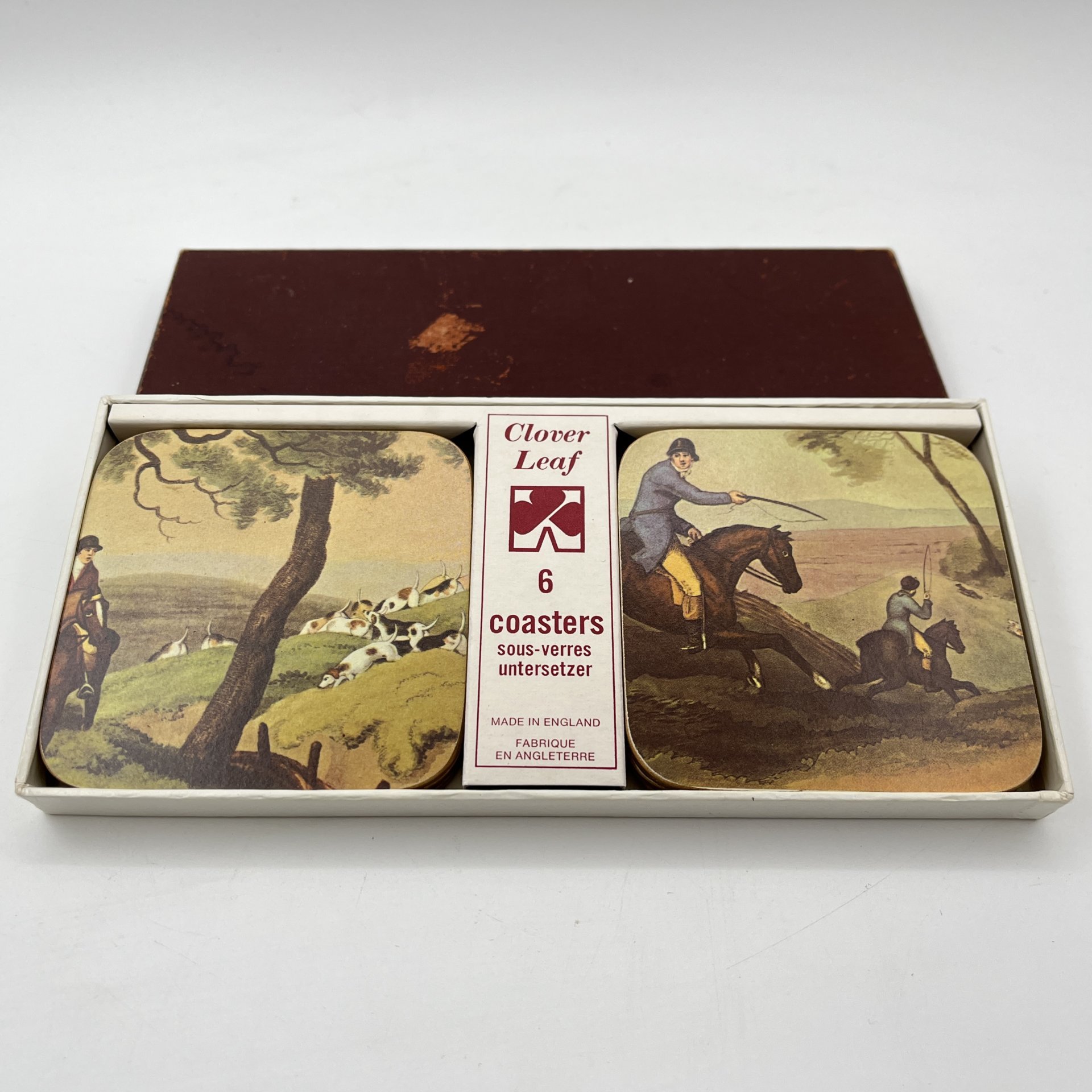 Набор подставок под стаканы/бокалы, украшенных изображениями сцен охоты, "Clover Leaf" (6 шт.), пробковое дерево (пресс), печать