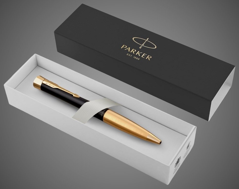 Шариковая ручка Parker Urban (матовый черный лак) Muted Black Gold Finish Trim, стержень: M, цвет чернил: blue, в подарочной упаковке., Лаки и смолы: лак, латунь