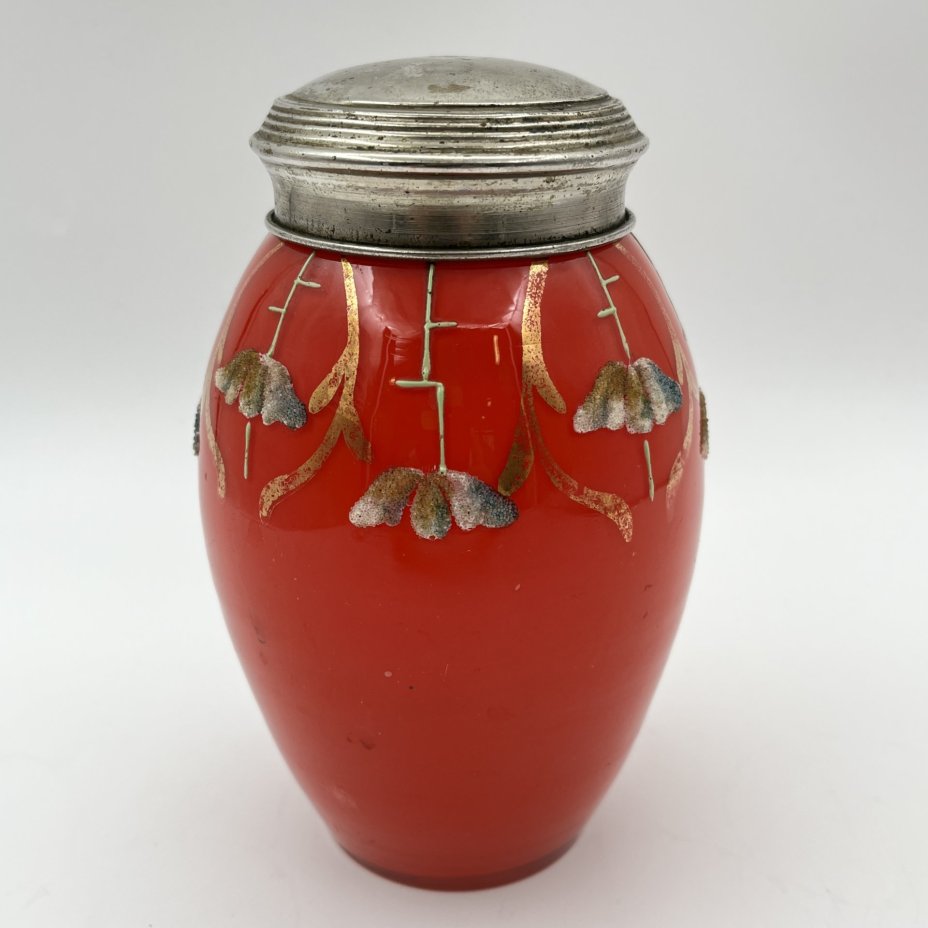 Чайница красного цвета с цветочным декором (винтаж), стекло, роспись, сплав металлов, СССР, 1930-1950 гг.