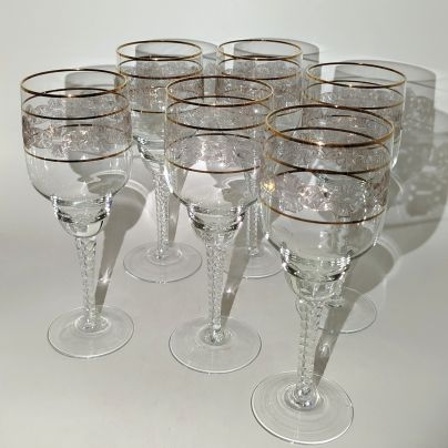 Набор из 6 бокалов для вина, с витыми ножками и орнаментальным декором, хрусталь, гравировка, золочение, Западная Европа, 1970-1980 гг.