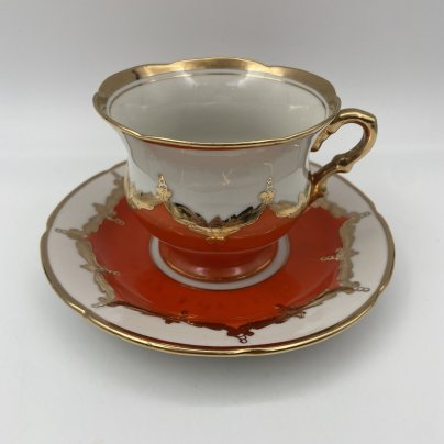 Пара чайная "Красный бутон", фарфор, крытье, золочение, Барановский фарфоровый завод, СССР, 1960-1969 гг.