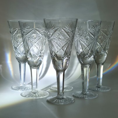 Набор из 6-ти бокалов с резным геометрическим декором, хрусталь, алмазная грань, СССР, 1970-1990 гг.