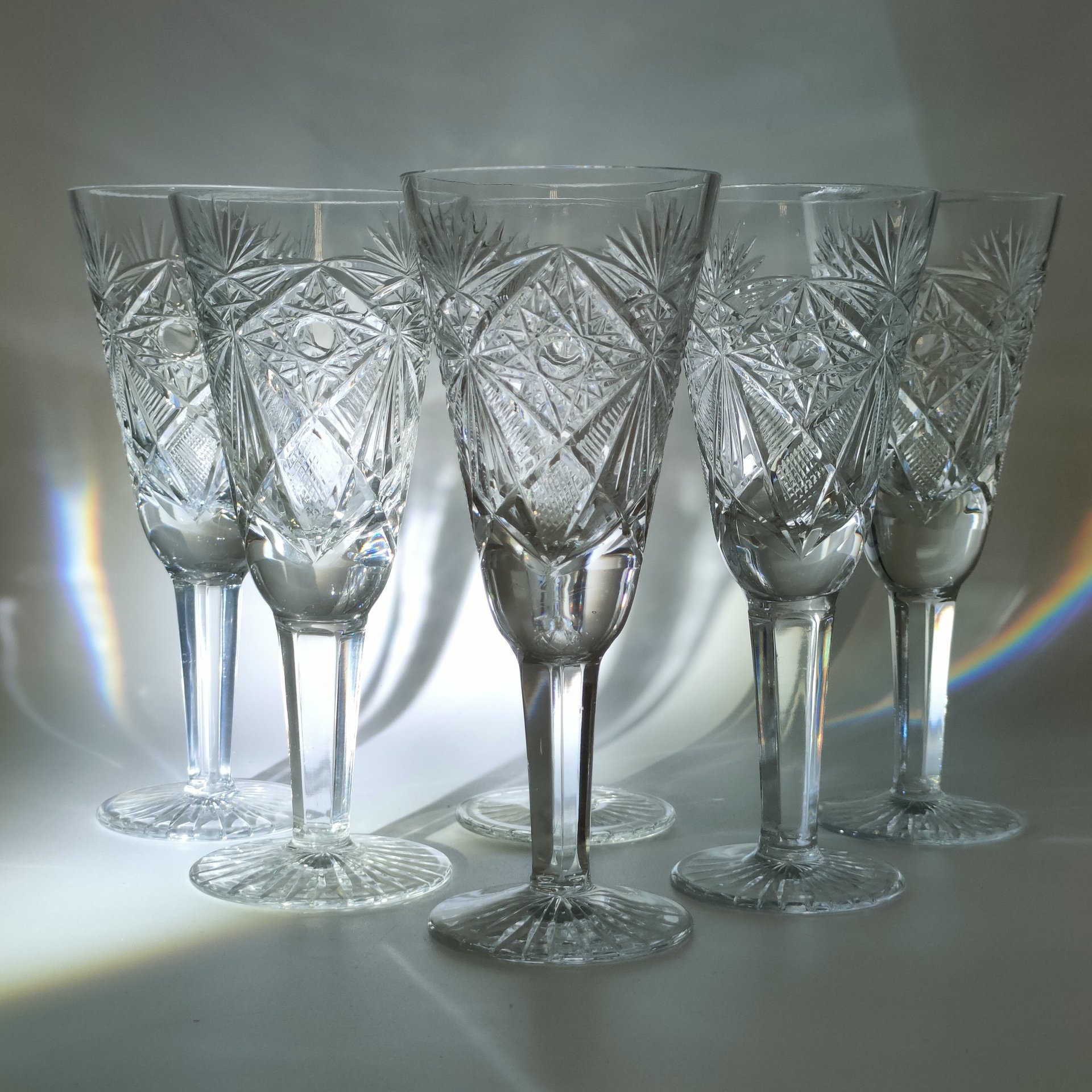 Набор из 6-ти бокалов с резным геометрическим декором, хрусталь, алмазная грань, СССР, 1970-1990 гг.