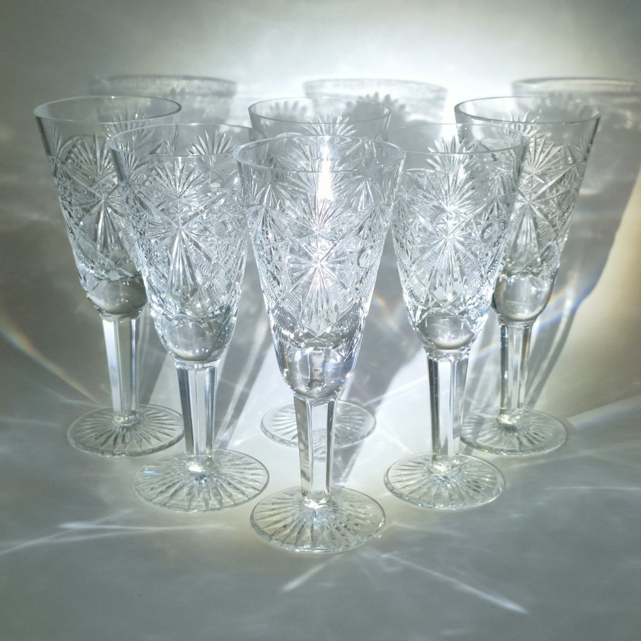 Набор из 6-ти бокалов с резным геометрическим декором, хрусталь, алмазная грань, СССР, 1970-1990 гг.