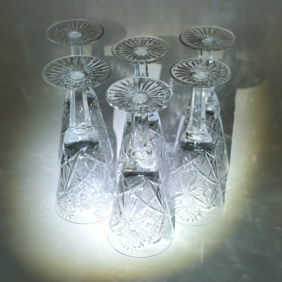 Набор из 6-ти бокалов с резным геометрическим декором, хрусталь, алмазная грань, СССР, 1970-1990 гг.