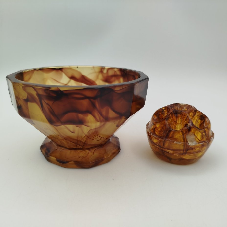 Ваза-подставка для цветов (роуз-боул, rose-bowl) "Amber Cloud", компания "George Davidson & Co", стекло, матовое, пресс, Великобритания, 1920-1930 гг.