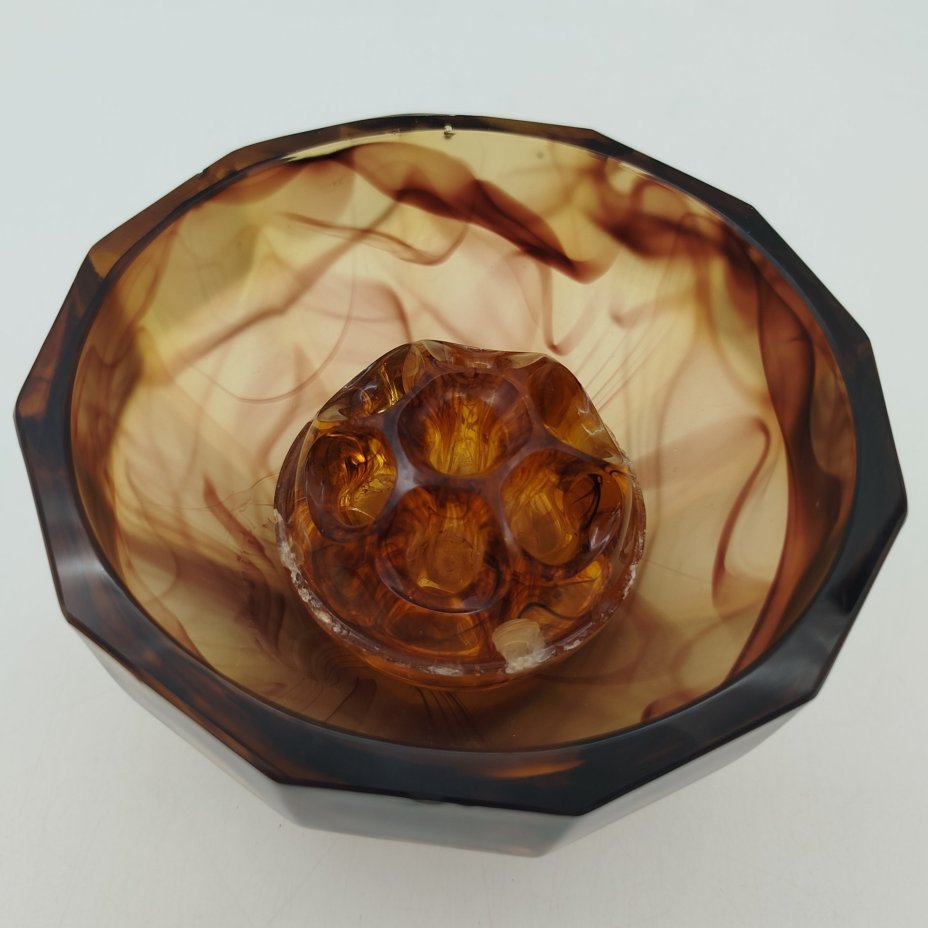 Ваза-подставка для цветов (роуз-боул, rose-bowl) "Amber Cloud", компания "George Davidson & Co", стекло, матовое, пресс, Великобритания, 1920-1930 гг.