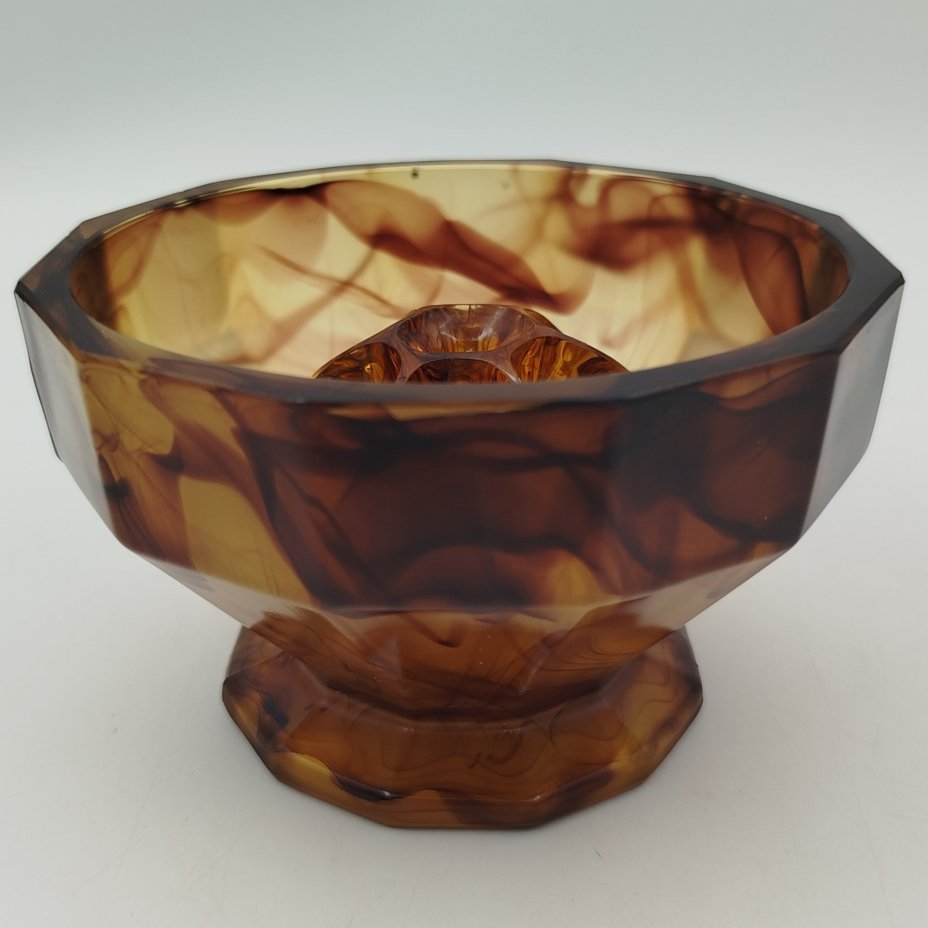 Ваза-подставка для цветов (роуз-боул, rose-bowl) "Amber Cloud", компания "George Davidson & Co", стекло, матовое, пресс, Великобритания, 1920-1930 гг.