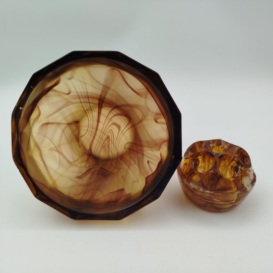 Ваза-подставка для цветов (роуз-боул, rose-bowl) "Amber Cloud", компания "George Davidson & Co", стекло, матовое, пресс, Великобритания, 1920-1930 гг.