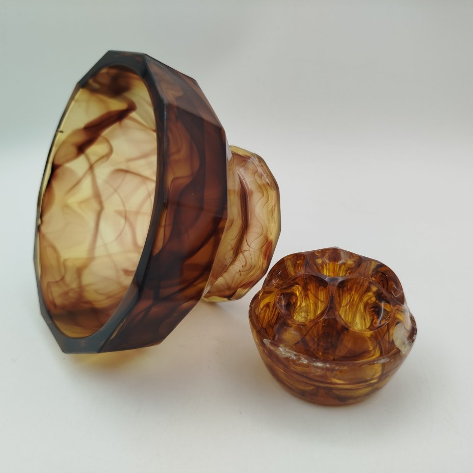 Ваза-подставка для цветов (роуз-боул, rose-bowl) "Amber Cloud", компания "George Davidson & Co", стекло, матовое, пресс, Великобритания, 1920-1930 гг.